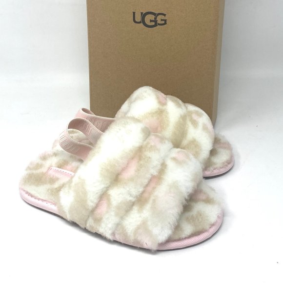 UGG Kids Size 11T 1123641T WHT FLUFF YEAH SLIDE PANTHER PRINT Sandal White Beige - Picture 2 of 9